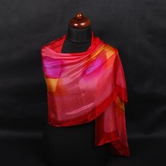 Hedvábná malovaná šála růžovo-červená se žlutou