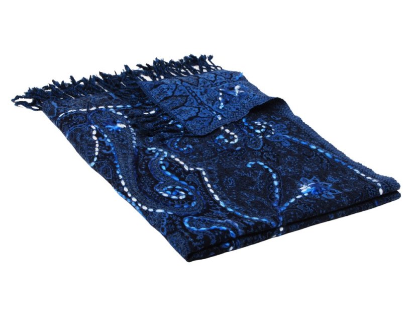 Schal aus Merinowolle handgestickt blau mit Schwarz