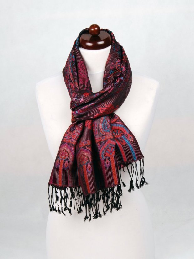 Hodvábny šál Super veľký Tsewang čierny s magentou a oranžovou