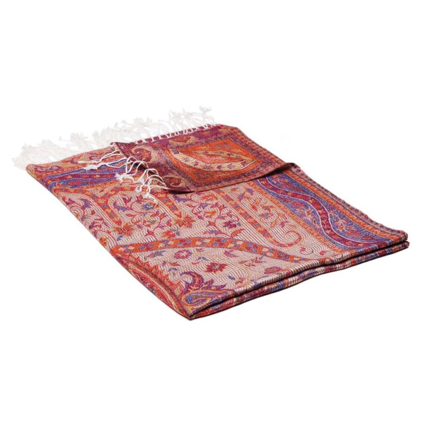 Schal aus Viskose und Seide weiß mit Rot und Dunkelblau