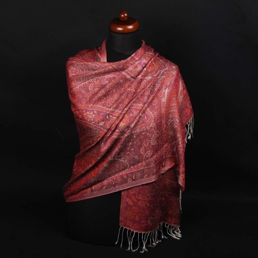 Šála z viskózy a hedvábí bílo-fialovo-oranžová