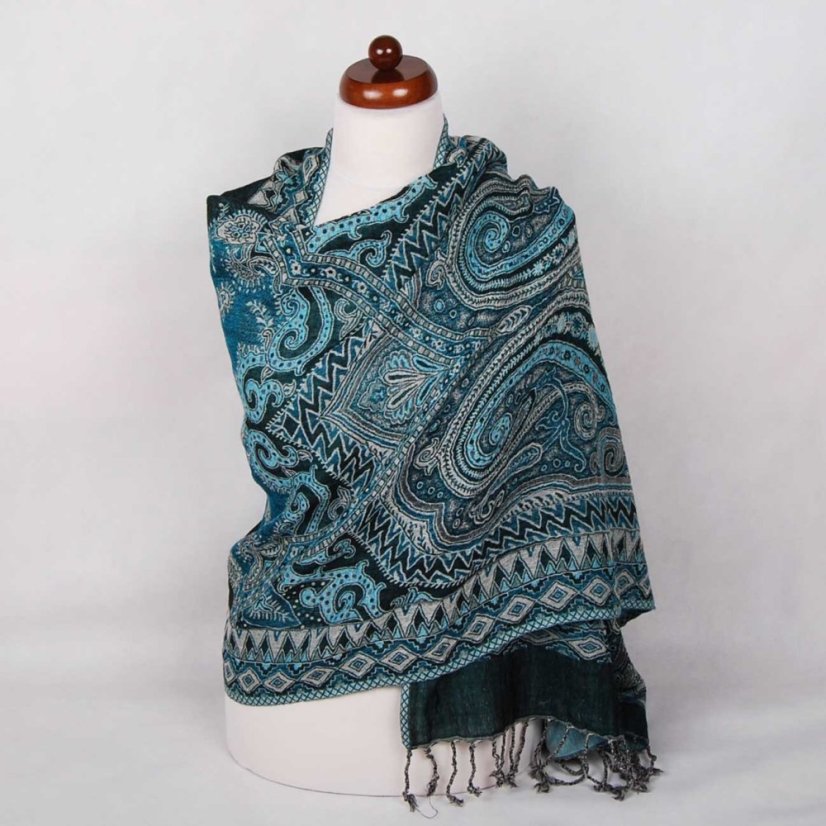 Šál z merino vlny s tmavozelenou a tyrkysovou