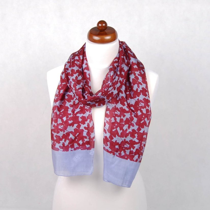 Hedvábná šála s potiskem bordó se světle šedomodrou