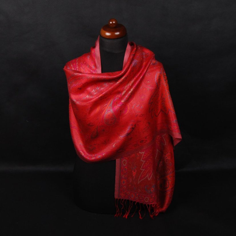 Hodvábny šál Super stredný Tsering červený s magentou a tmavozelenou farbou