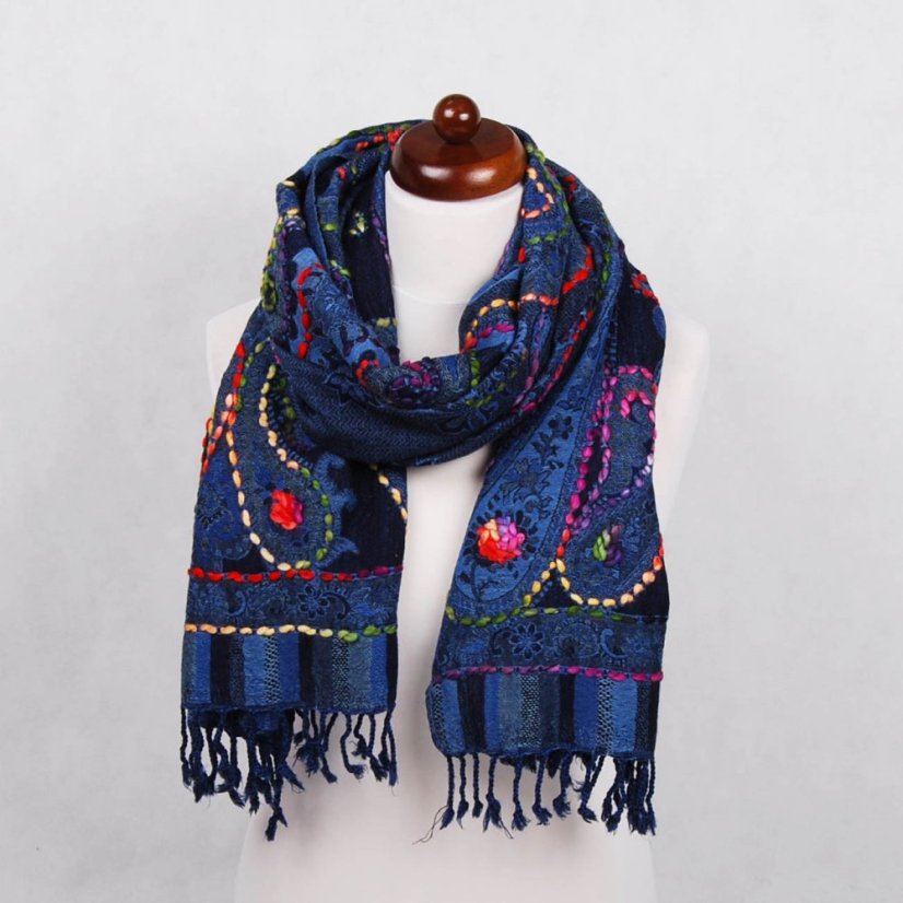 Šál z merino vlny s vyšívaním Dekyi tmavomodrý