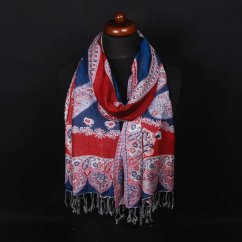 Prostříhávaná šála z viskózy tmavě modro-červeno-bílá