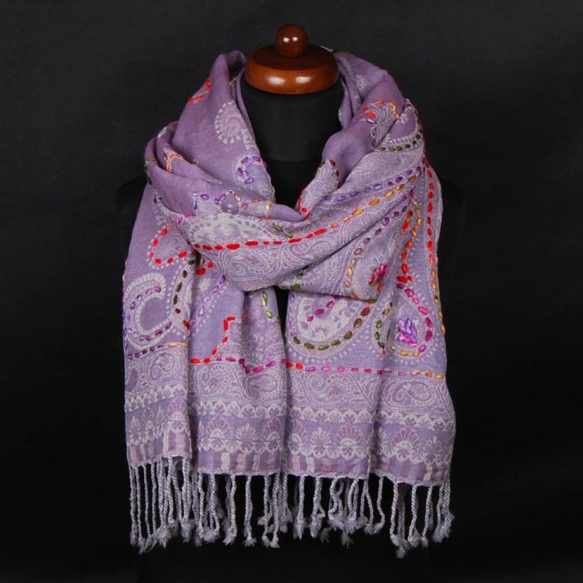 Šála z merino vlny s vyšíváním světle modrofialová