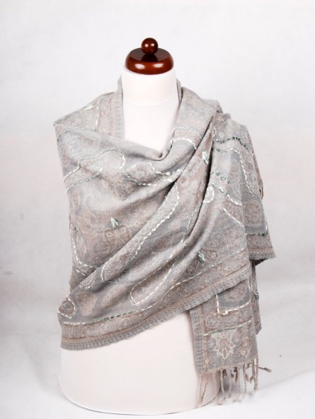 Šál z merino vlny s vyšívaním šedý s šedohnedou farbou