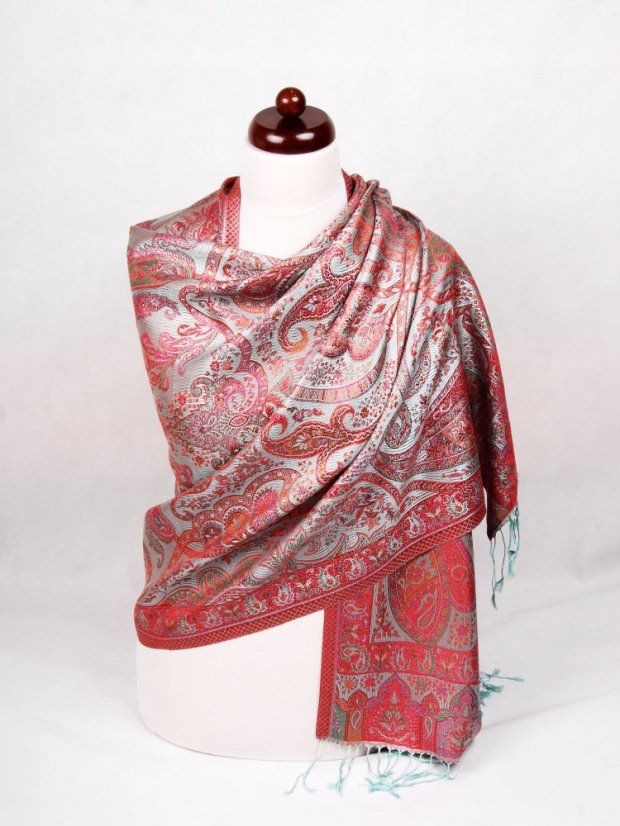 Hedvábná šála Super velká světle modrá s magentou a oranžovou