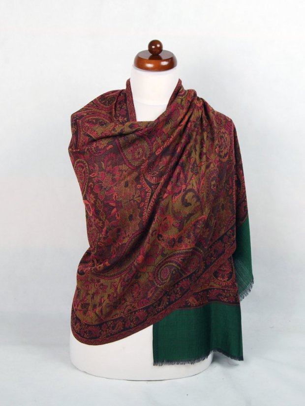 Kašmírská vlněná pašmína Khani Jamavar exclusive s tmavě zelenou a magentou
