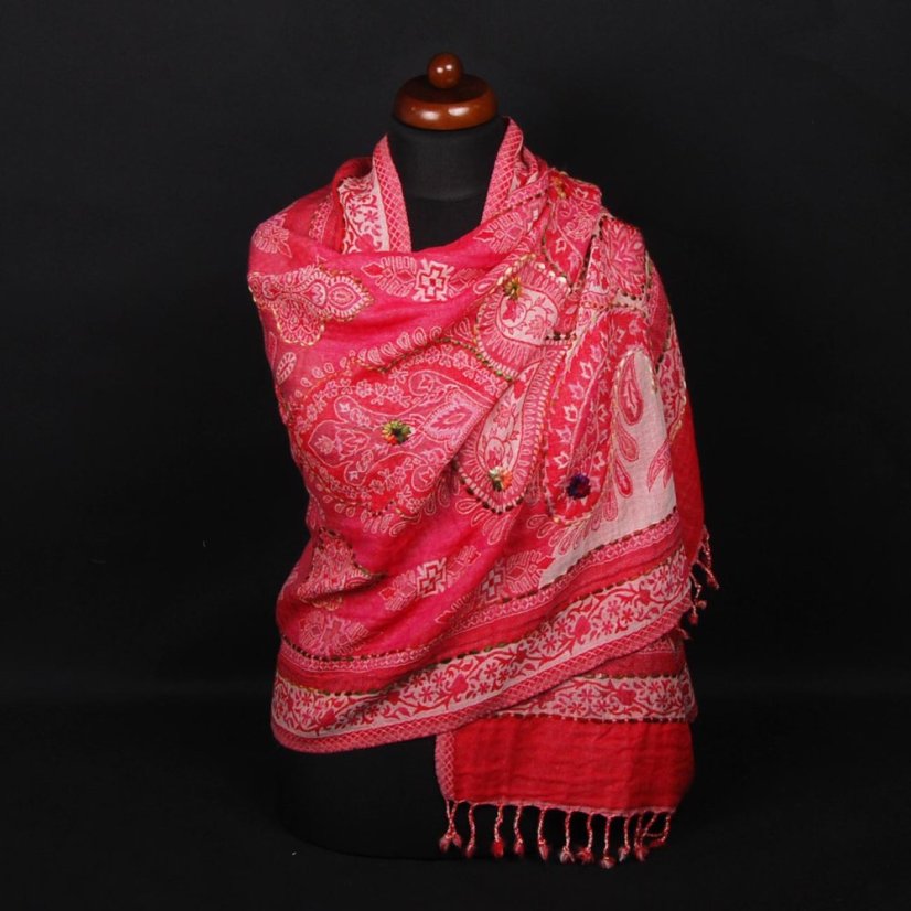 Šála z merino vlny s vyšíváním tmavě růžová se smetanovou a červenou