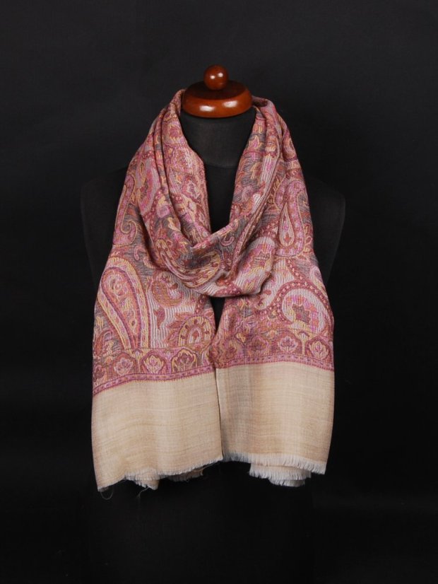 Kašmírská vlněná pašmína Khani Jamavar exclusive s fialovou a béžovou