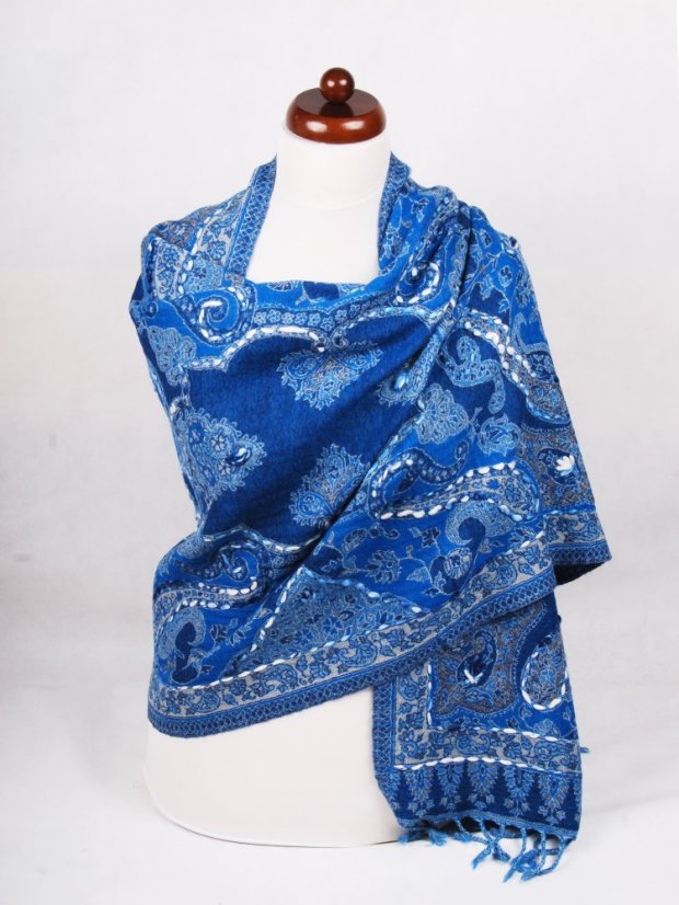 Šál z merino vlny s vyšívaním modrý