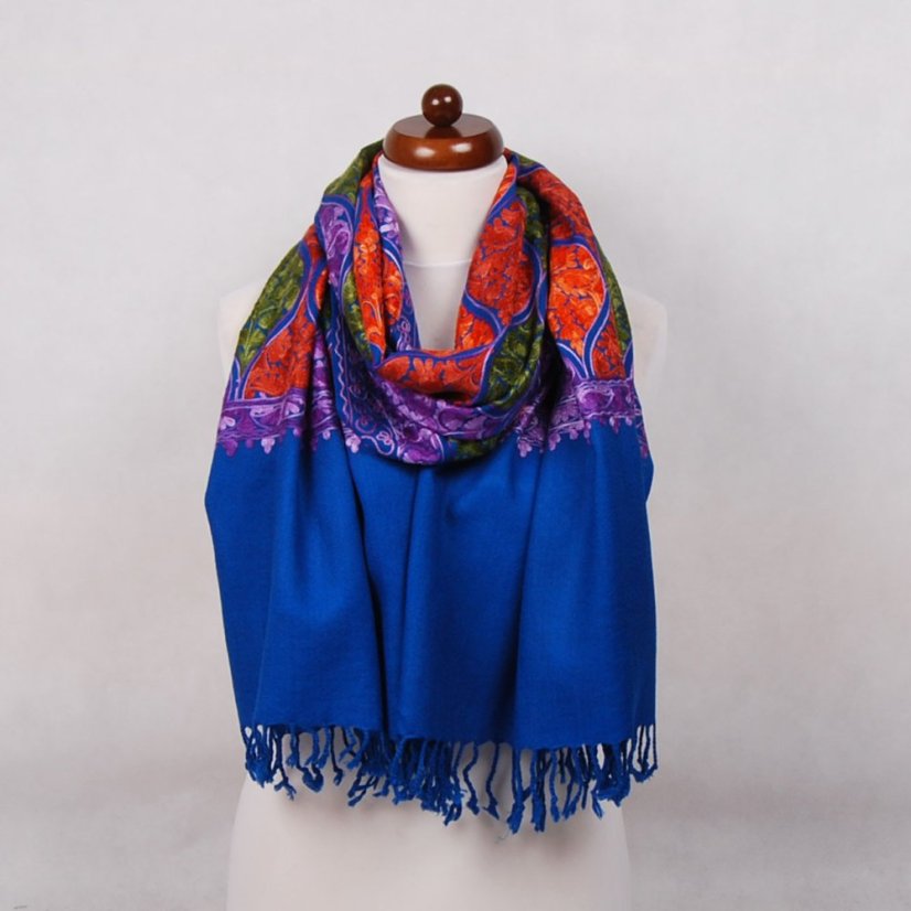 Kaschmirischer Wollschal Jate M blau mit Stickerei mit Lila und Grün