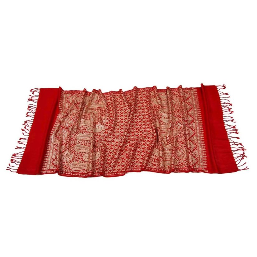 Kaschmirischer Wollschal Jamawar dunkelrot mit Seide-Stickerei in Goldfarbe