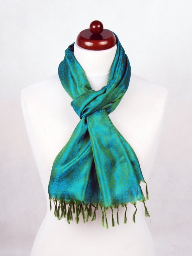 Hedvábná šála z Váránasí zeleno-tyrkysová