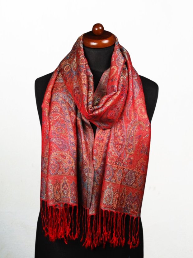 Šála z viskózy a hedvábí červená se světle modrou