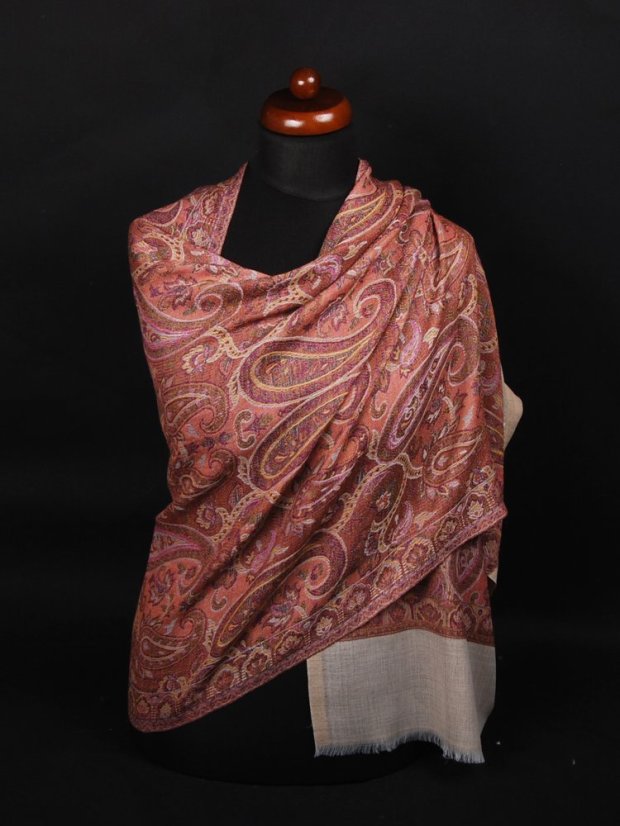 Kašmírská vlněná pašmína Khani Jamavar exclusive s fialovou a béžovou