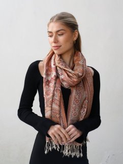 Hedvábná šála Super velká smetanová s červenou