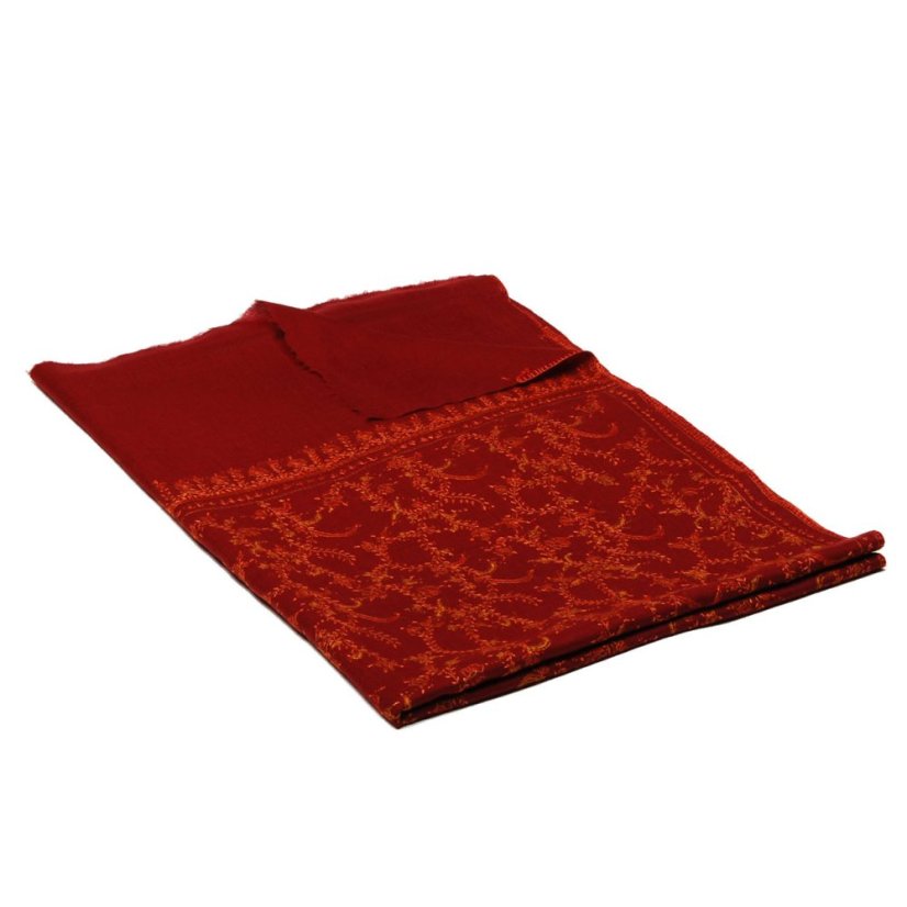 Kaschmirischer Wollschal handgestickt bordeaux mit Orange und Rot