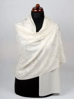 Kaschmirische Pashmina cremefarben mit Seide-Stickerei  in Weiß