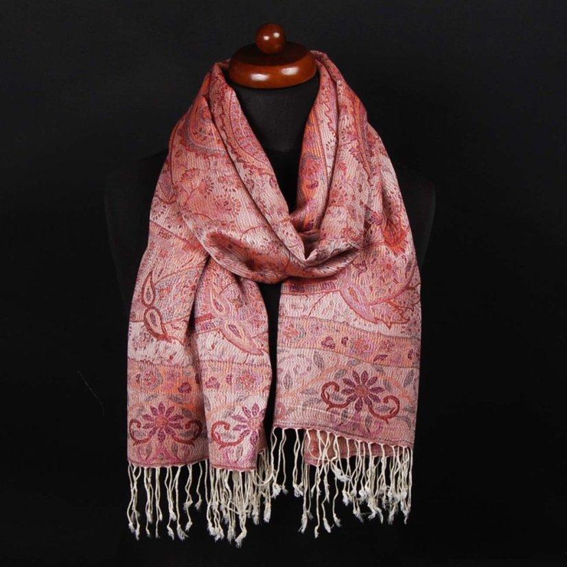 Šála z viskózy a hedvábí bílo-fialovo-oranžová