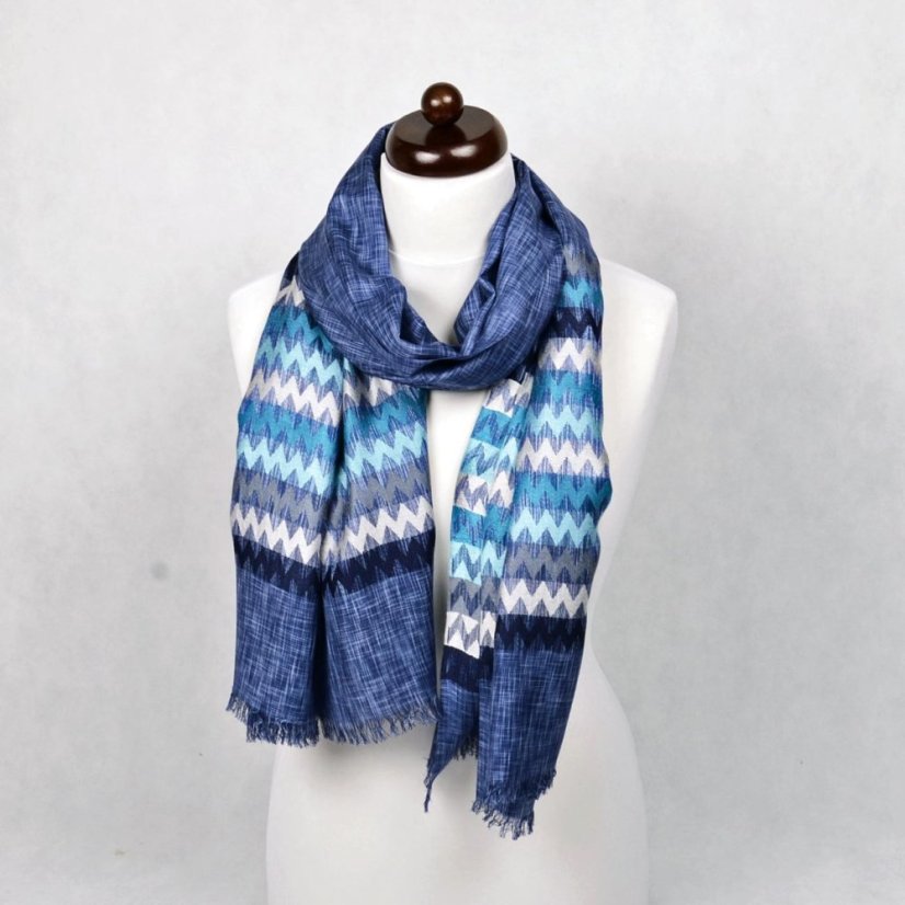 Šála z viskózy a hedvábí s pruhy modrá s bílou a černou