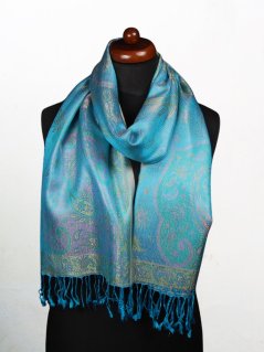 Hodvábny šál Super stredný tyrkysový so žltou a ružovou farbou