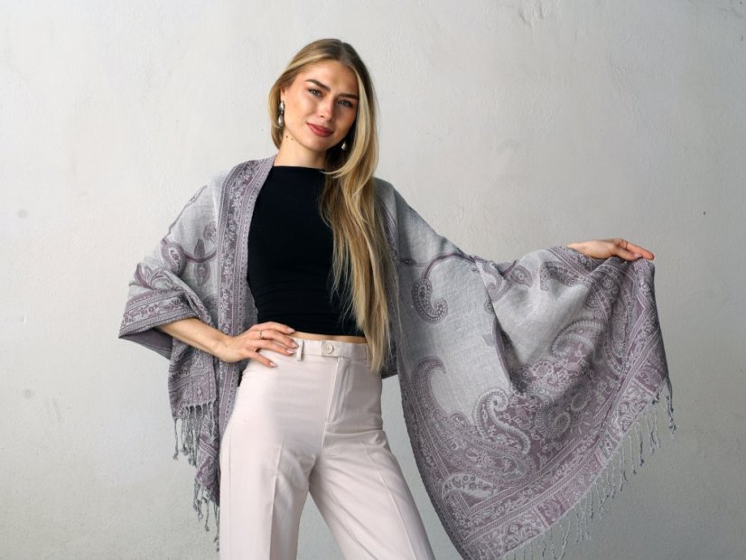 Šála z merino vlny šedofialovo-smetanová