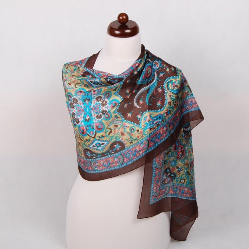 Hodvábny šál s potlačou tmavohnedo-zlatý