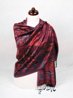 Hedvábná šála Super velká černá s magentou a oranžovou