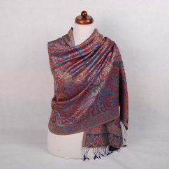 Hodvábny šál Super veľký tmavomodrý s tyrkysovou a červenou farbou