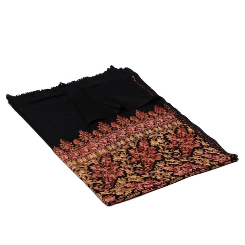 Kaschmirischer Wollschal Tashi schwarz mit Seide-Stickerei in Braun