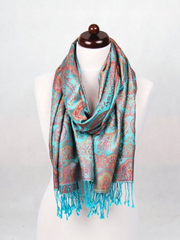 Hedvábná šála Super velká tyrkysová s červenou a růžovou