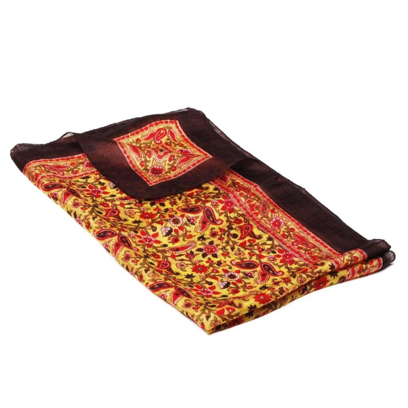 Hodvábny šál s potlačou žltý s červenou a tmavohnedou farbou