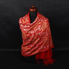 Kašmírská vlněná šála vyšívaná hedvábím červená se světle hnědou