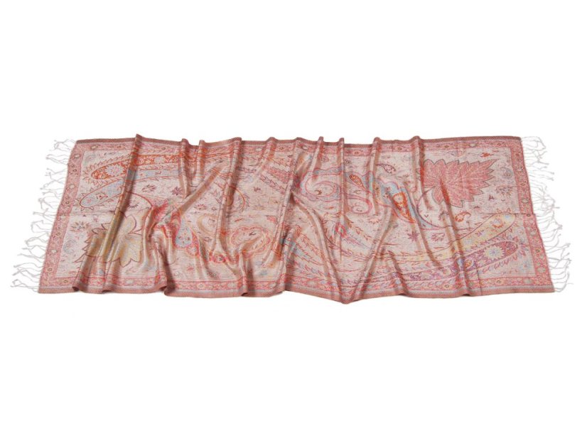 Hodvábny šál Super stredný Tsering smotanový s červenou a svetlomodrou farbou