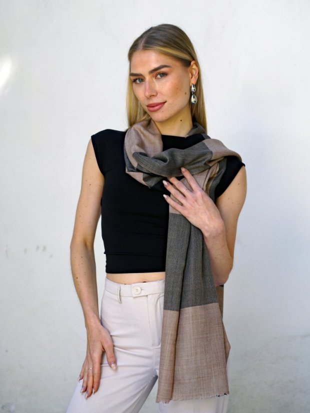 Kašmírská vlněná pašmína exclusive světle hnědo-černá