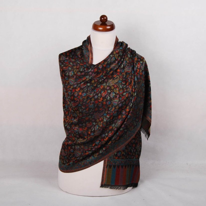 Šála z viskózy a hedvábí Khani Jamavar černá s červenou a tyrkysovou