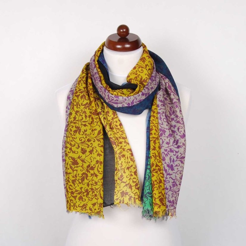 Schal aus Viskose dünn mit Schwarz, Gelb und Dunkellila