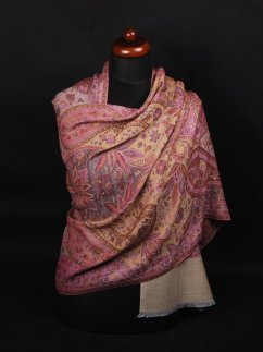 Kašmírská vlněná pašmína Khani Jamavar exclusive s fialovou, žlutou a béžovou