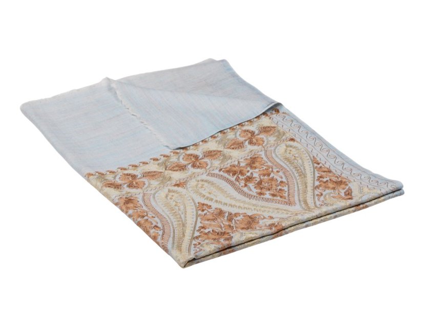 Kašmírská vlněná šála vyšívaná hedvábím světle modrá se světle zlatou a světle hnědou