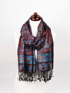 Hedvábná šála Super velká černá s oranžovou a tyrkysovou