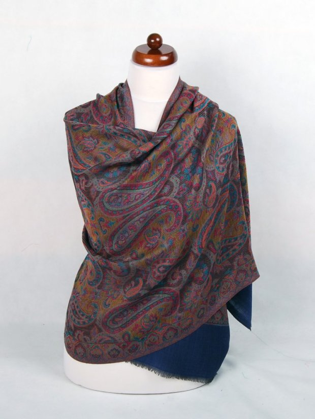 Kašmírska vlnená pašmína Khani Jamavar exclusive s tmavomodrou, magentou a žltou