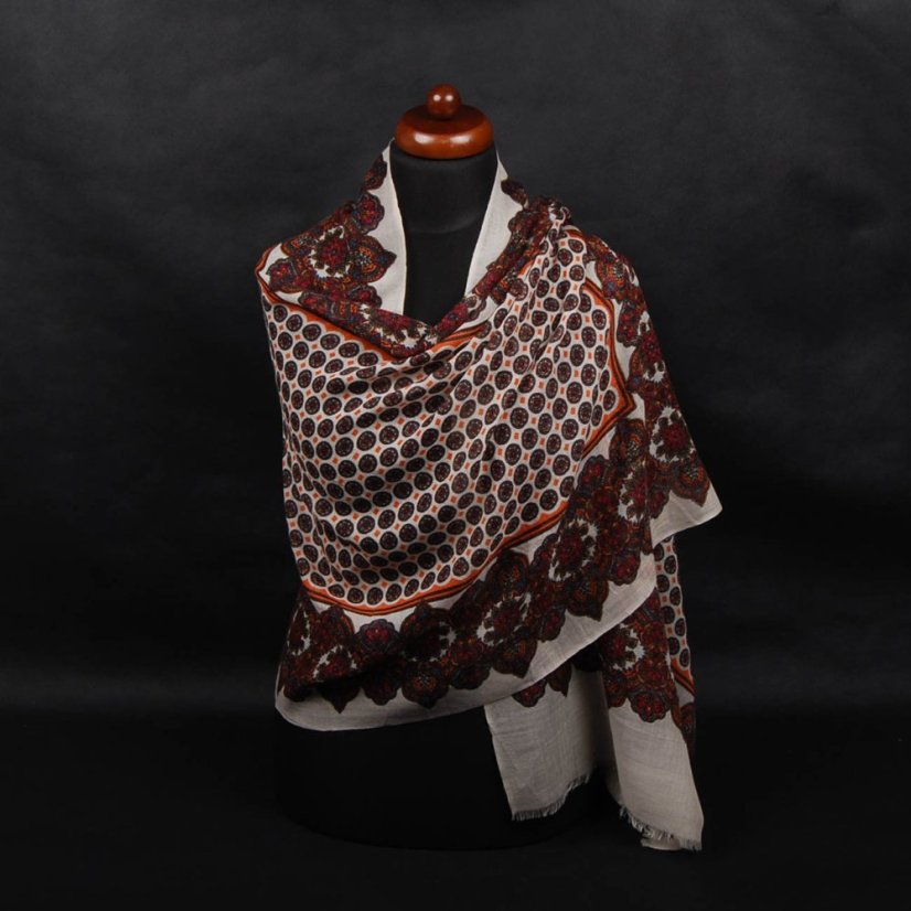 Kaschmirische Pashmina mit Aufdruck schwarz-cremefarben-dunkelrot