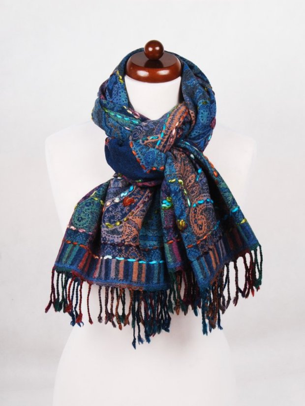 Šál z merino vlny s vyšívaním mnohofarebný s modrou farbou