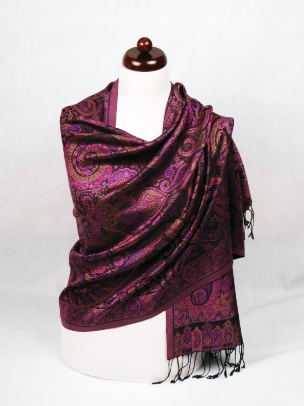 Hodvábny šál Super veľký čierno-fialový s hnedou