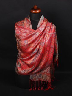 Šála z viskózy a hedvábí červená se světle modrou