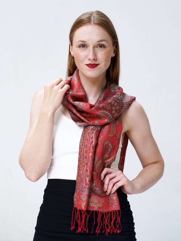 Hedvábná šála Super Tenzin červená s tyrkysovou