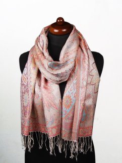 Hedvábná šála Super střední Tsering smetanová s červenou a světle modrou